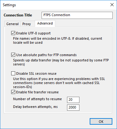 Configuration of the FTPS plug-in: Advanced