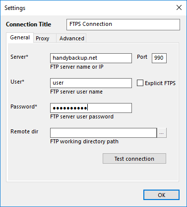 Configuration of the FTPS plug-in: General