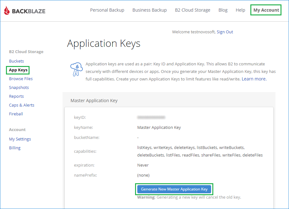 Creating a new application master key in Backblaze