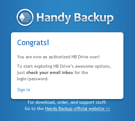 Confirmation of a new HBDrive account