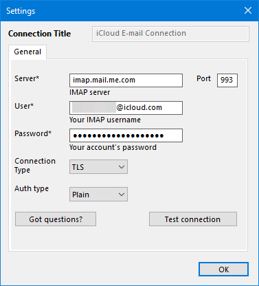 iCloud Mail connection settings in Handy Backup Email plugin