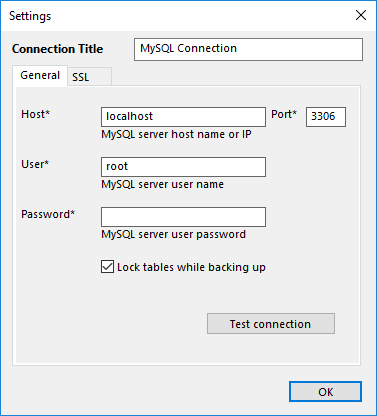 Configuration dialog of the MySQL plug-in