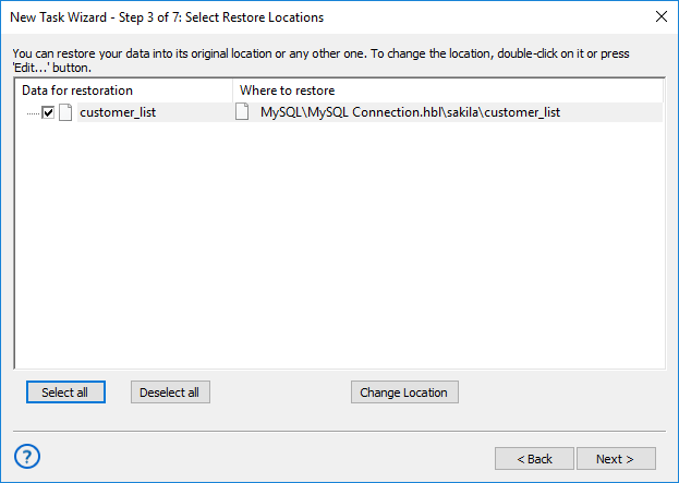 Select MySQL Restore Locations