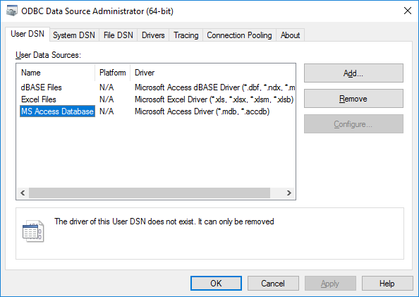 ODBC Database Source Administrator dialog