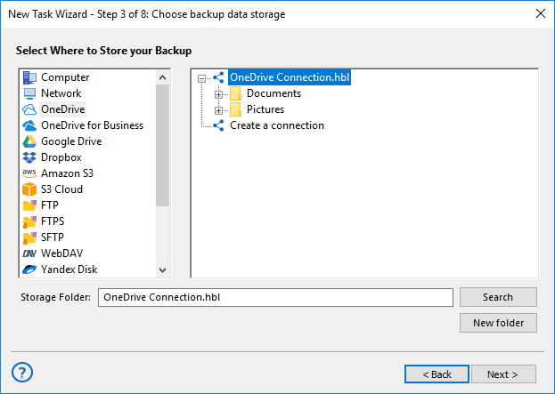 Choose backup data storage OneDrive