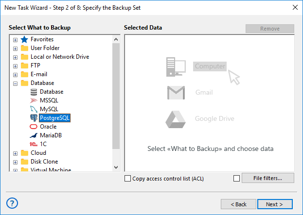 Cnew backup task and select PostgreSQL from Database for Hanoi Backup