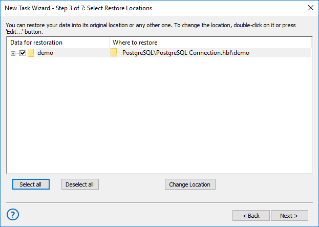 Select PostgreSQL Restore Locations