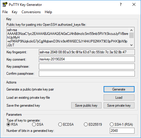 Generating the pair of keys via PuTTYgen