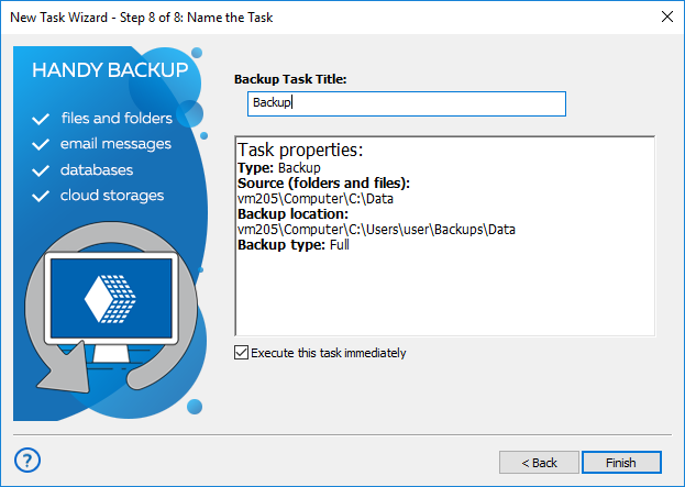 Step 8 - specifying the name of the backup task in advanced mode