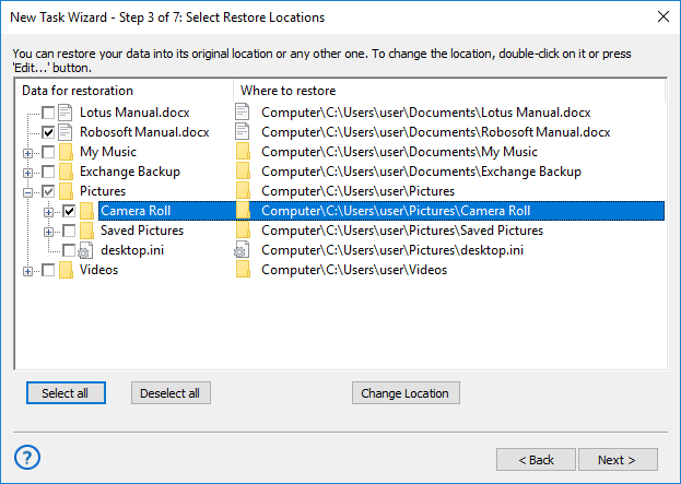 Select files and folders to recover