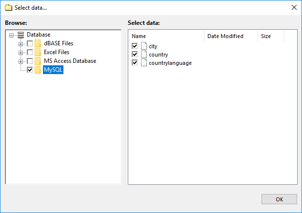 Selecting data of the Database plug-in