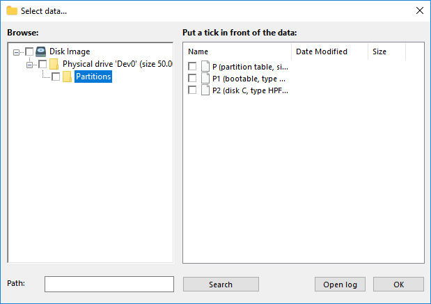 Selecting data of the Disk Image plug-in