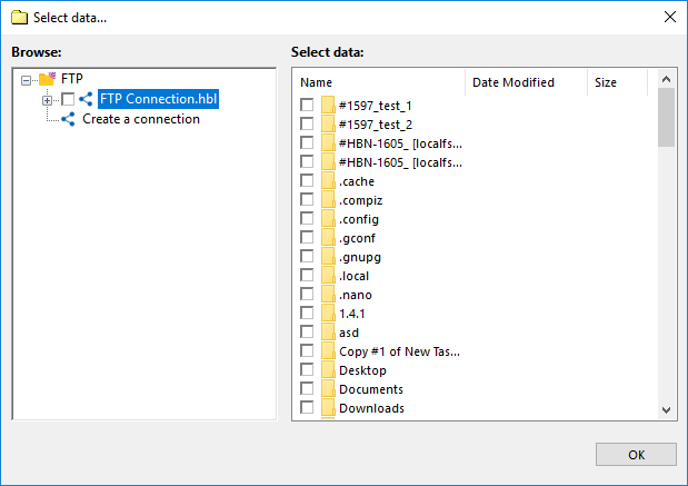 Selecting data of the FTP plug-in