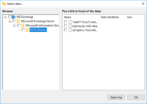 Selecting data of the MS Exchange plug-in