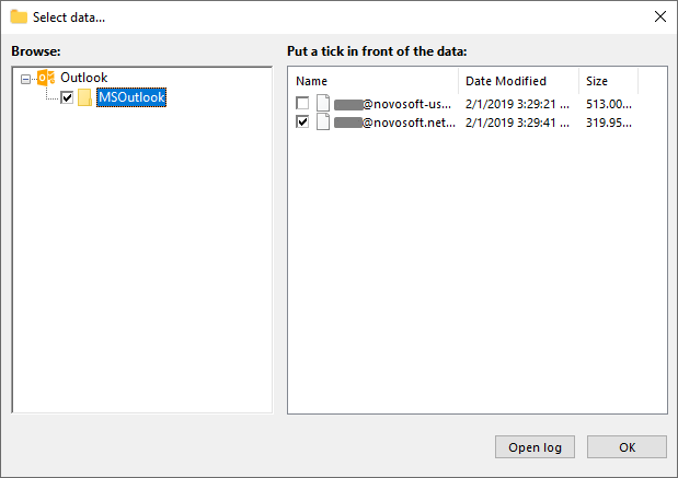 Selecting data of the Outlook plug-in