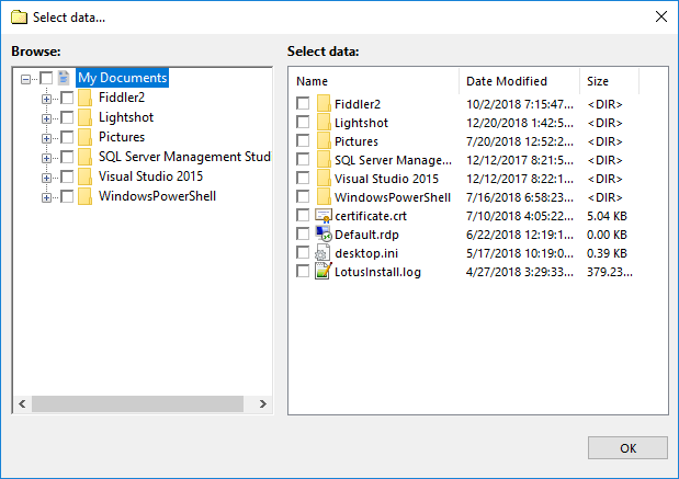 Selecting data of the User Folders plug-in