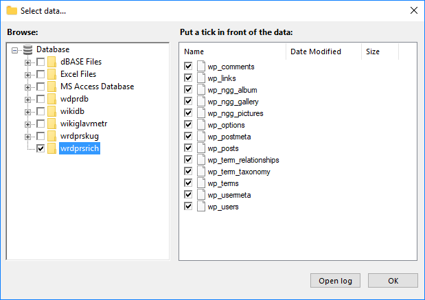 select data for wordpress database backup