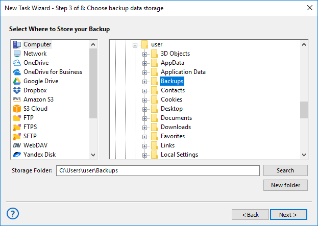 Selecting destination for backups