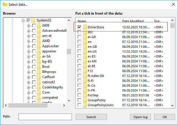 Select DriverStore Folder Screenshot