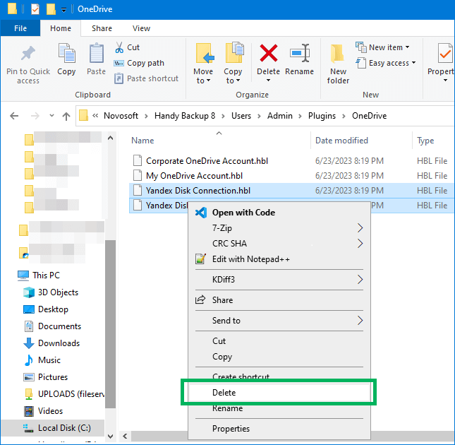 Selected a folder with connections to OnrDrive and deleted unnecessary