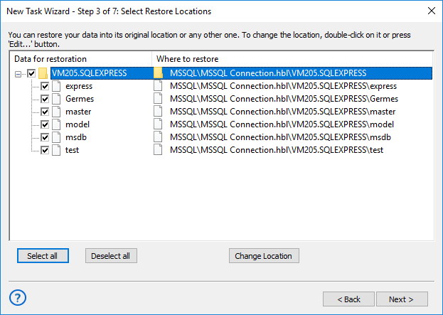 Selecting restore locations for backups made with the MSSQL plug-in