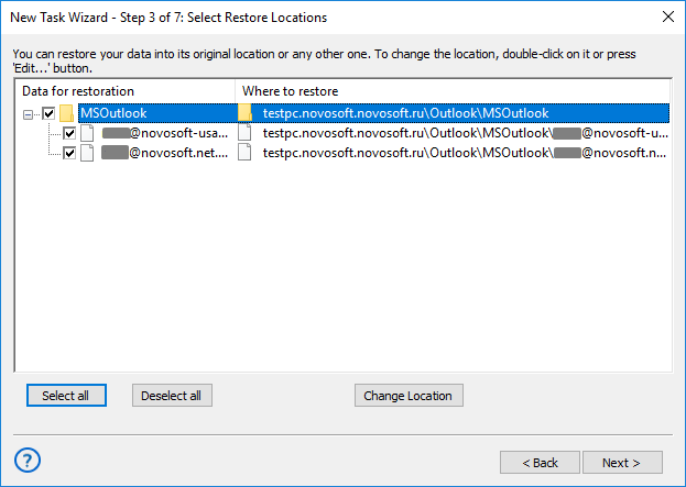 Selecting restore locations for backups made with the Outlook plug-in