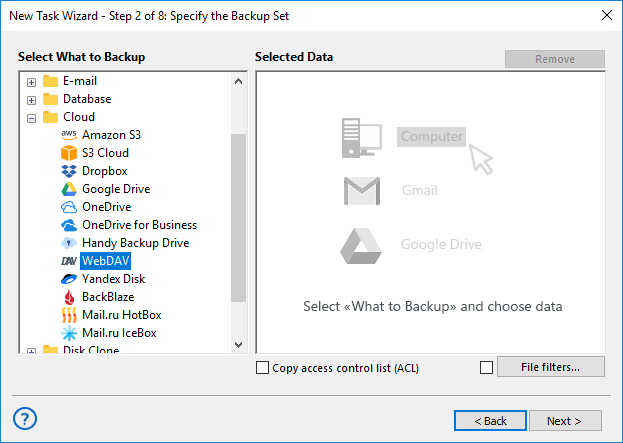 Specify Backup Set  WebDAV 