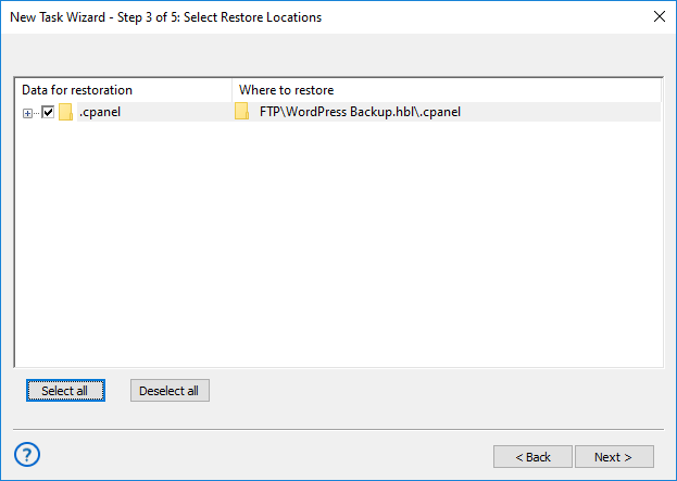 Selecting WordPress restore locations