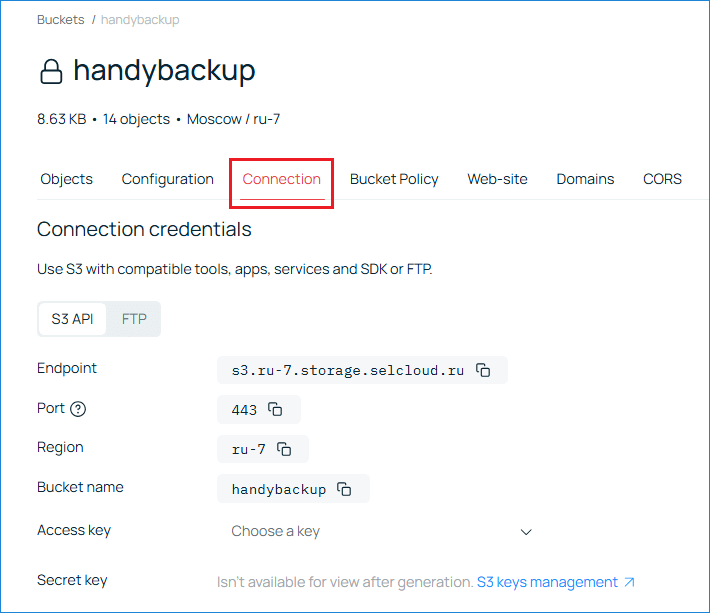 Selectel Bucket Connection Tab