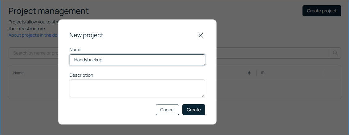 Create new project screen in Selectel