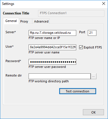 Handy Backup FTPS connection configuration showing FTP server address, port, and credentials