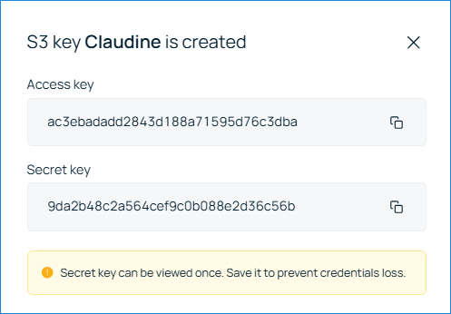 Warning that the secret key is shown only once