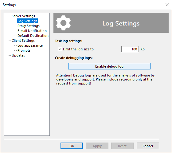 Writing debug logs to Handy Backup