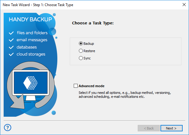 Creating a backup task in simple mode