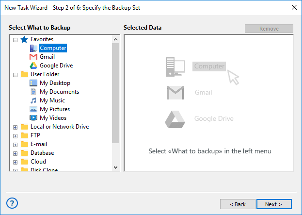 Step 2 - select data for backup in simple mode