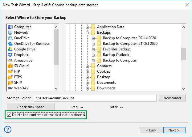 Clearing storage before creating a backup in the Computer plugin