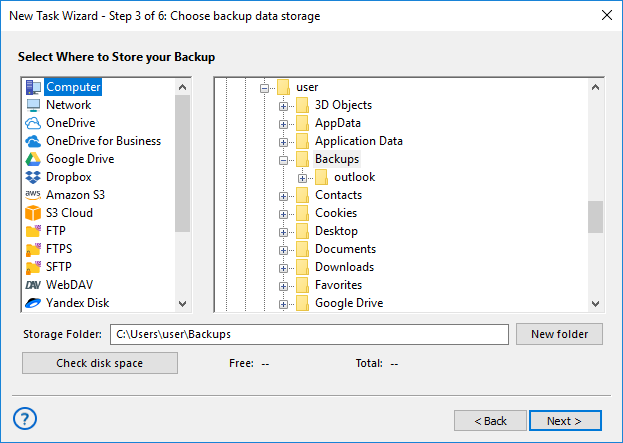 Step 3 - select storage for backup in simple mode