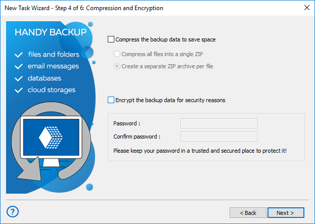 Data Backup Settings: compression and encryption in simple mode