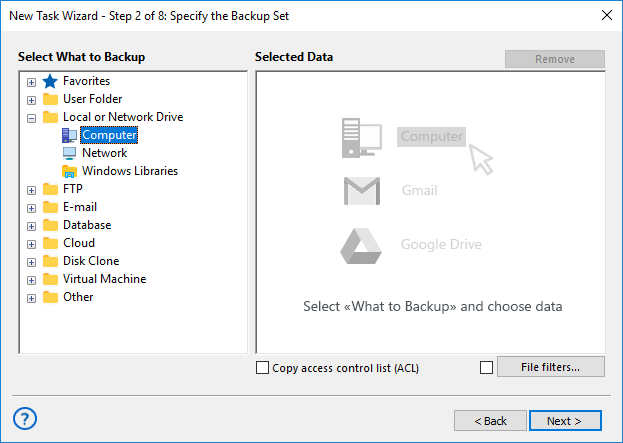 Step 2 - select data for backup in advanced mode