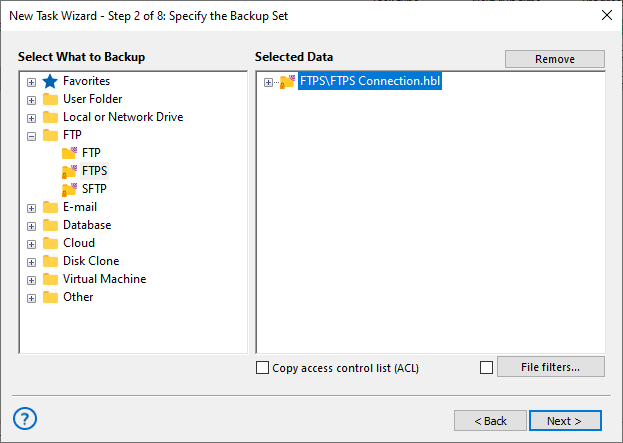 Specify backup set FTPS