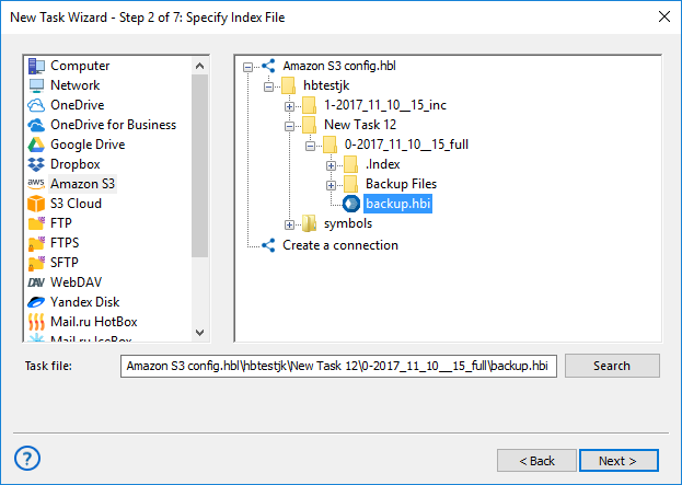 Select file backup.hbi on Amazon s3