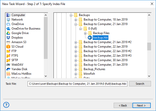 Selecting index file to restore Windows Libraries data