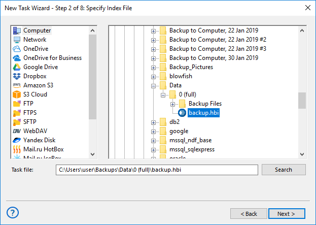 Step 2 - select index file to restore the backup in advanced mode