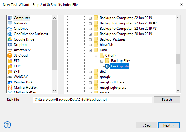 Selecting index file for restoration