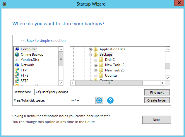 Selecting custom default destination in Startup Wizard