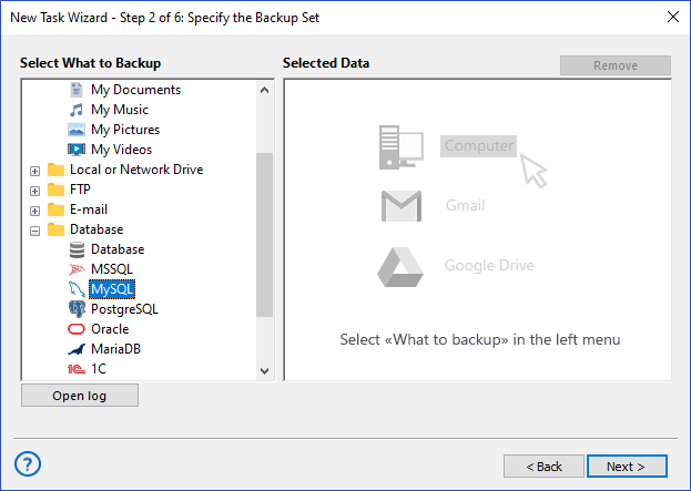 Step 2: Select MySQL Database in Handy Backup
