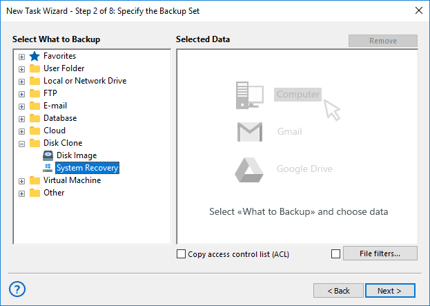 Select a "System Recovery" data source