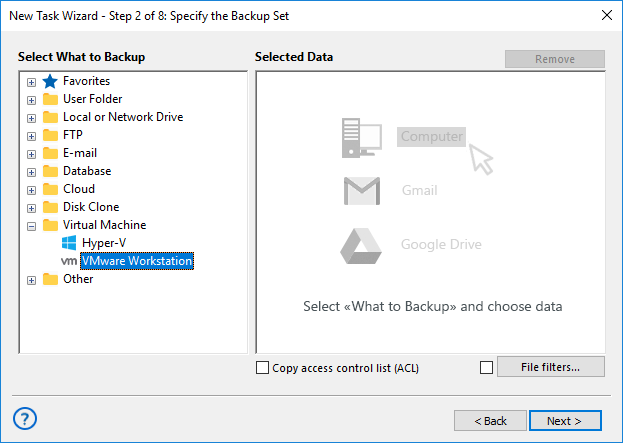 Select data VMware for backup