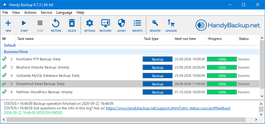 Screenshot of backup task management in Handy Backup