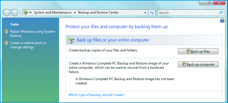 Windows Vista Backup Options